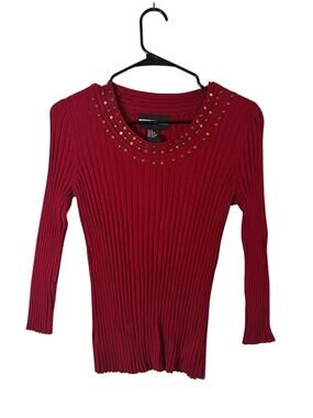 Requirements Red Ribbed Studded Trim Long Sleeve Blouse Women Sz S